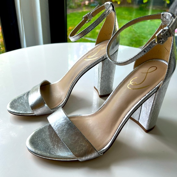 Sam Edelman Silver Metallic Strappy Yaro Block Chunky Heels Sandals Shoes - Picture 4 of 12